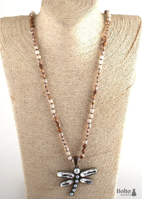 Boho Necklace, RH Amazonite Jasper, Dragonfly Brown Natural Stone